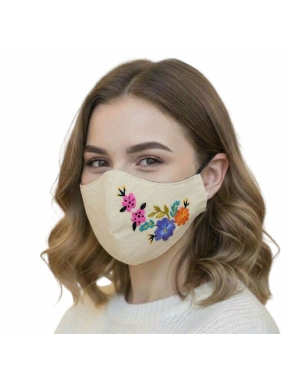 New Face cover ear loop Cream Mask Women's Embroidered handmade forest flowers